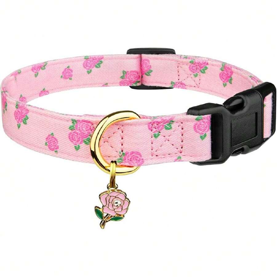Cotton Hanade Dog Collar Cute And Distinctive Patterns Pink Rose With Pendant For Girl Boy Dogs Collars S,23864857 - Pink - View 1