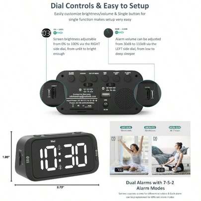 - Reloj despertador digital dual para recmara, fcil de instalar, 0 - atenuador, cargador, 5 sonidos de volumen ajustable, modo de da laboralfin de semana, repeticin, 1224 horas,