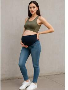 Pantalon tipo colombiano de maternidad pansa alta, botín para ajustar y tela muy estrecha - Azul Marino - Ver 1