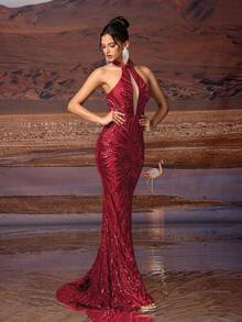 AOSHABABI 上衣 “独家亮片”镂空美人鱼下摆长款修身华丽女士晚礼服（加厚款），适合各种正式场合，如音乐节、晚宴、婚礼宾客、节日派对、毕业舞会、鸡尾酒会、约会、度假以及伴娘礼服。春季派对 - 酒紅色 - 查看 5