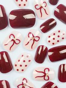 Bộ 24 móng giả vuông ngắn, họa tiết nơ đỏ và chấm bi cho ngày Valentine, bộ móng giả acrylic hợp kim dễ thương (bao gồm: 1 gel dán và dũa móng), thích hợp cho phụ nữ sử dụng hàng ngày, hẹn hò và dự tiệc. - Nhiều màu - Xem 4