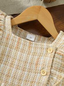 Girls' Clothing Autumn And Winter New Item, Woolen Contrasting Color Plaid Ruffle Edge Decorative Buckle A-Line Ladylike Style Dress - Màu be - Xem 3