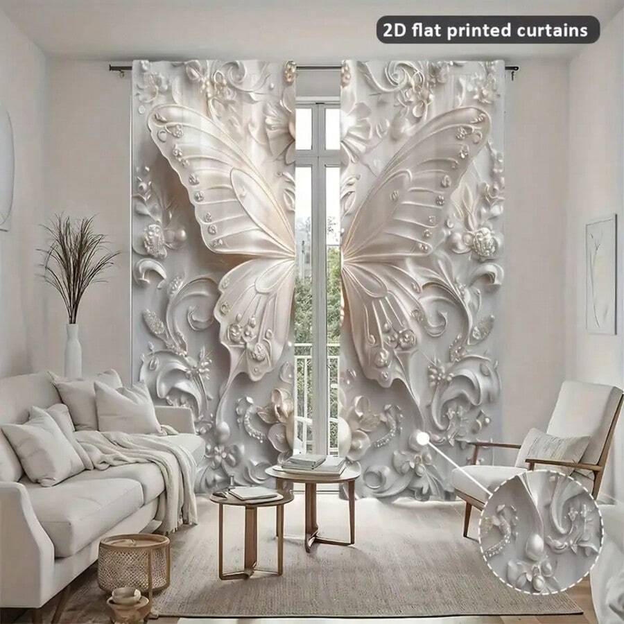 2pcs Glam Style 2D Digital Printed Curtains, Floral And Butterfly Design Curtains, Polyester Curtains For Living Room, Bedroom, Balcony, Study, Machine Washable Decorative Pole Pocket Window Panel, Four Season Art Theme, Bedroom Curtains - Multicolor - View 1