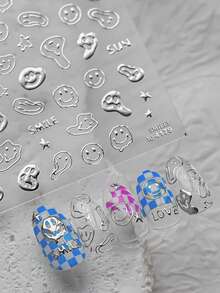 Beautizon Nailartlab 1pc 3D Silver Nail Art Sticker Decals, Rhinestone Melting Smiling Face Nail Stickers, Halloween Nail Decals Transfers