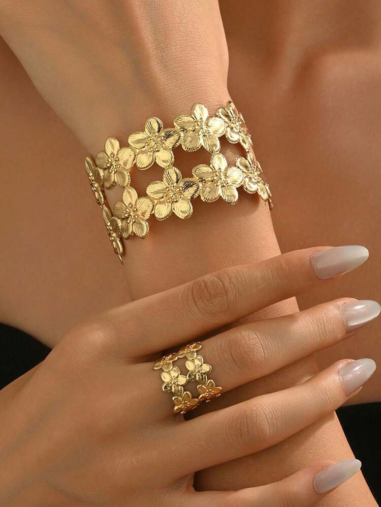 1 Set Delicate Dual-Layer Floral Bangle Bracelet, Suitable For Women's Daily Wear Or Party Occasions - Ring and Bracelet Set - View 2