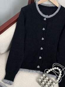 Wixra 2025 Autumn New Design Colorblock Heart Button Knitted Cardigan, Versatile Women Sweater Jacket - Black - View 3