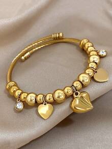 18K Gold Plated Stainless Steel Luxury Elegant Heart & Diamond Accent Bangle Bracelet Set For Women, Sweet Romantic Jewelry Mom Gift Christmas Thanksgiving Halloween Wedding Rave/Prom/Party/Daily Accessories Gift For Anniversary Valentine's Day Boho Jewelry Birthday Bridesmaid Gifts