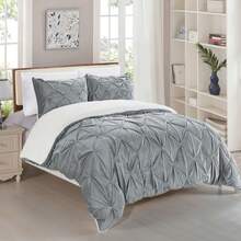 Elegant Comfort Ultra Soft 3pcs Pinch Pleated Pintuck Microsuede Fleece Reversible Sherpa Comforter Set With Shams, Cozy Warm Breathable, Easy Care Quilt Comforter Sets, Full/Queen, King/California King Size Bed For All Seasons, Christmas Decorations Gifts, Cozy Winter Styles, Holiday Décor - 灰色 - 查看 3