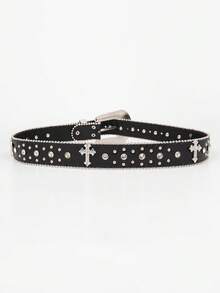 男士水晶十字架镶嵌西部牛仔腰带，闪亮锌合金水晶腰带，街头风格，适合所有季节（万圣节/夏季/秋季校园/晚秋/万圣节秋季/冬季配饰），适合青少年、年轻男士，休闲户外运动、假日、毕业典礼、生日、日常穿着，复古风秋装/都市穿搭，经典圣诞冬季时尚日常男士男友礼物 - 黑色 - 查看 5