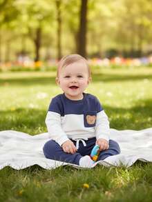 2pcs/Set Casual Cute Cartoon Applique Patchwork Colorblock Crew Neck Long Sleeve Sweatshirt And Front Tie Elastic Waist Pants Set, Soft & Comfortable Baby Boy Clothes, Baby Boy Outfit, Suitable For Daily, Vacation, Party, Outdoor - Multicolor - View 11