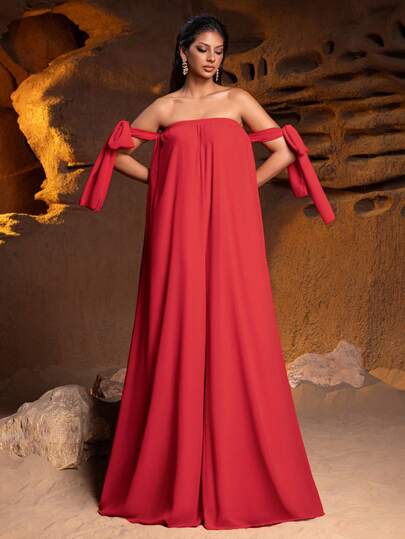Off-Shoulder Tie Sleeve Women's Formal Jumpsuit: Suitable For Gala, Wedding Guest, Formal Party, Red Carpet And Formal Dinner Occasions