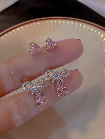 Andkiss 4pcs/Set Cubic Zirconia Bow & Heart Decor Earrings Valentines,Mom,Mother,Mother's Day,Gift
