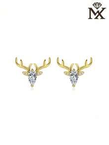 1 Pair Fashionable & Cute 925 Sterling Silver Cubic Zirconia Christmas Reindeer Antler Stud Earrings, Suitable For Women To Wear On Holidays And Everyday, Great Gift