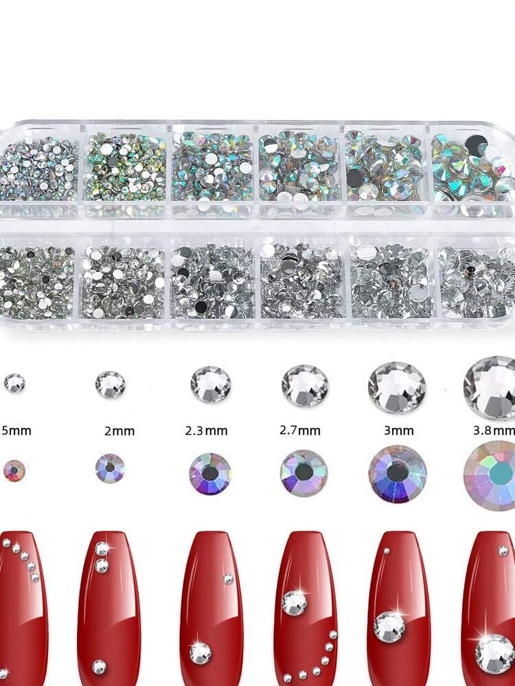 12 格 6 种尺寸 透明水钻 6 种尺寸 平底闪亮水晶 Ab 美甲宝石 带镊子和水钻拾取器 点钻笔 美甲工具 适用于指甲、面部眼部化妆、工艺美甲用品 指甲 指甲饰物 - 彩色 - 查看 3