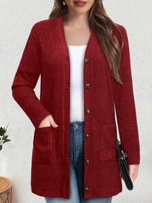 Yukiwi 女式纯色休闲前扣口袋长袖开衫，日常穿着 - 酒紅色 - 查看 2