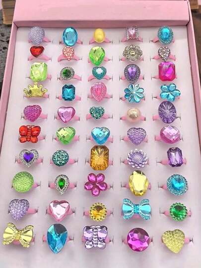 20/50pcs Colorful Princess Rings Set, Resin Crystal Rings With Transparent Box, Adjustable Colorful Cartoon Resin Rings, Perfect For Party Favors, Party Gifts, Birthday Gifts, Wedding Gifts