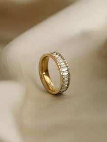 1 pieza Anillo de acero inoxidable con baño de oro de 18K y circonita cúbica, joya de mano de acero inoxidable minimalista y simple, adecuado para uso diario de mujeres, regalo