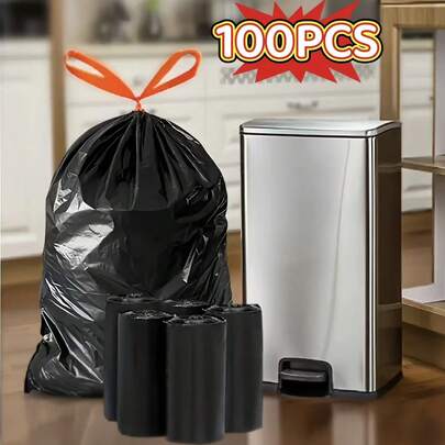 5-Rolls 100pcs Heavy Duty Black Drawstring Trash Bags, Leak-Proof Disposable Plastic Garbage Bags For Bathroom, Outdoor, Kitchen, Restaurant, Hotel - Easy Closure Design - Cleaner & More Efficient, Random Color Drawstring - Suitable For Christmas, Halloween, Restaurant Waste Management, Bathroom Trash, Convenient Disposal, Durable Material
