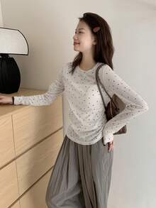 Pullover Polkadot Baru Musim Panas Lembut & Nyaman Pas Badan Minimalis Leher Bulat Gaya Korea Pelindung Matahari Lapisan Dasar Atasan Lengan Panjang Kasual Musim Semi Putih - Putih - View 7