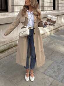 Women's Solid Color Revere Collar Fashion Commuter Waist Cinched Single-Breasted Pocket Long Trench Coat