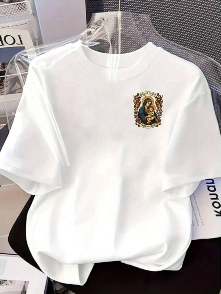 Camiseta femenina religiosa casual estampado gráfico Virgen María flores diseño inspirado tejido suave holgada cuello redondo manga corta primavera verano uso diario T-shirt - Blanco - Ver 1