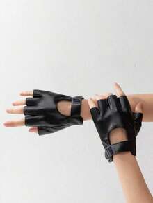 1pair Women's Black Half Finger Leather Gloves With Adjustable Width Metal Buckle For Motorcycle - màu đen - Xem 2