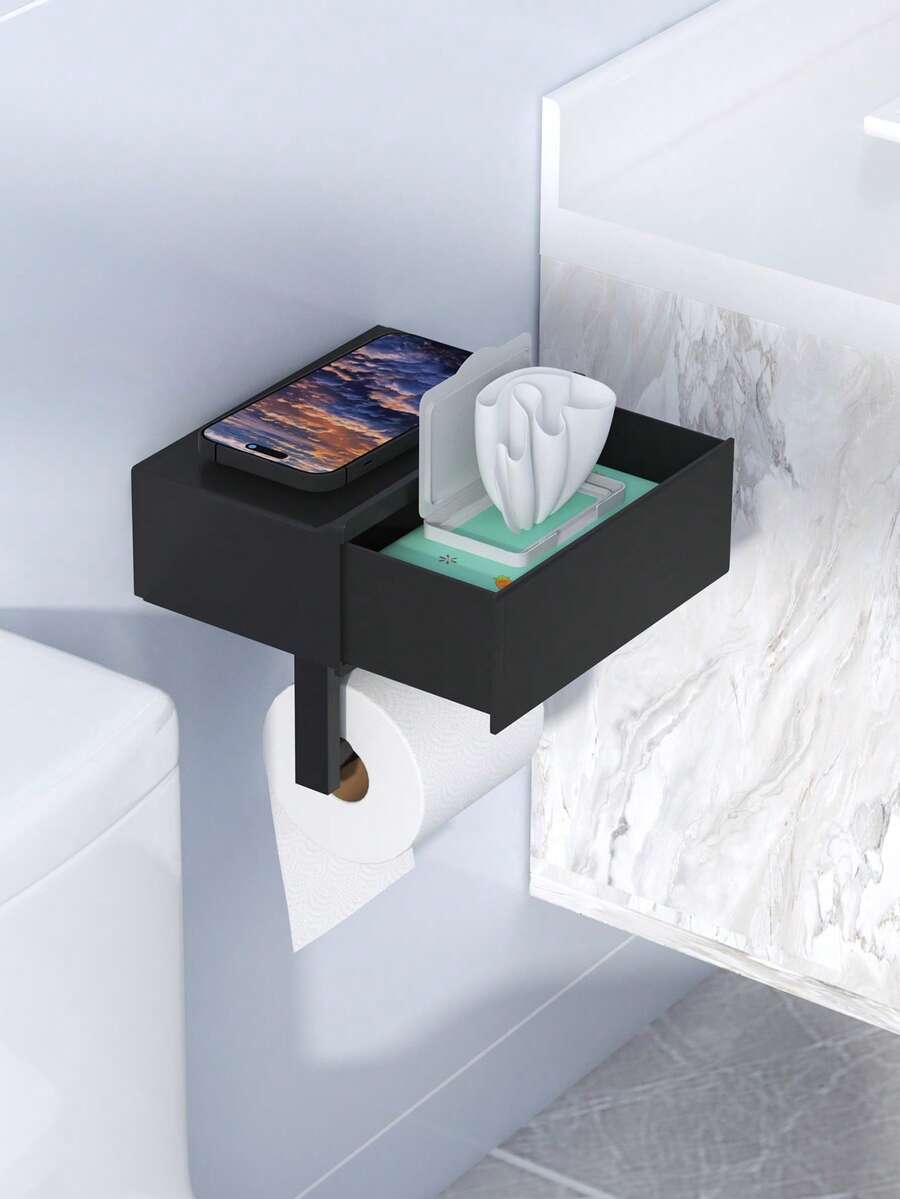 1个壁挂式卫生纸架，带置物架，抽屉式浴室湿巾收纳盒，卫生纸架/手机架，无需钻孔即可轻松安装，浴室必备收纳盒，浴室收纳用品，浴室配件，耐用塑料材质，白色/黑色浴室配件/浴室工具 - 彩色 - 查看 1