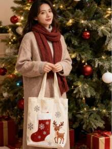 Customized Christmas Deer Women's One Shoulder Canvas Tote Bag - Multicolor - View 7