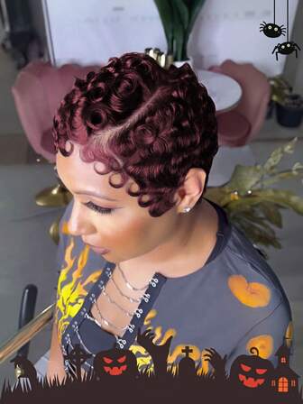 13x4x1 T-Part Lace Front Wig, Curly Wavy Pixie Short Hair, 99J, 1B, Suitable For Women, Easy To Wear, Layered Pixie Short Hair With Bangs, Human Hair, Everyday Wear, Halloween Costume, Women Curly Pixie Short Wig