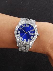 Set de 4 piezas de reloj de cuarzo de moda para hombres con colgante de cruz de circonita azul y pulsera - Regalo de Navidad perfecto, set de reloj con calendario y rhinestones