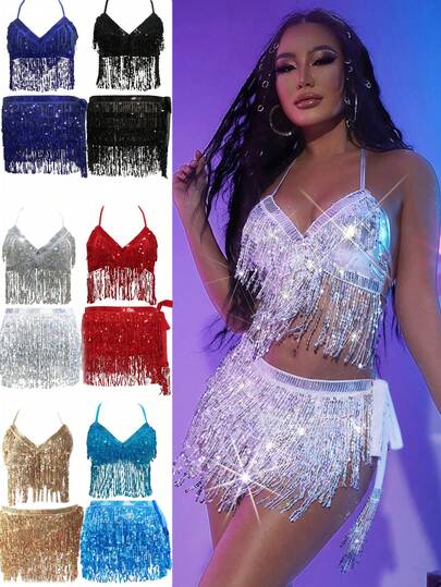 1 pieza/2 piezas Falda con lentejuelas y flecos, Bufanda con flecos de estilo hip hop, Adecuado para falda de danza del vientre de festival, Falda de danza del vientre con lentejuelas, Bufanda con flecos de fiesta rave y festival de estilo hip hop, Adecuado para artistas de danza del vientre de festival, Ropa para actuaciones en el escenario, fiestas y clubes