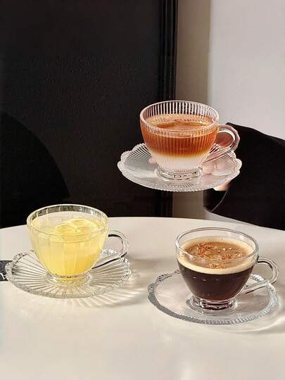 1pc Nordic Ins Style Embossed Glass Coffee Cup & Saucer, Latte Cup, Glass Tea Cup