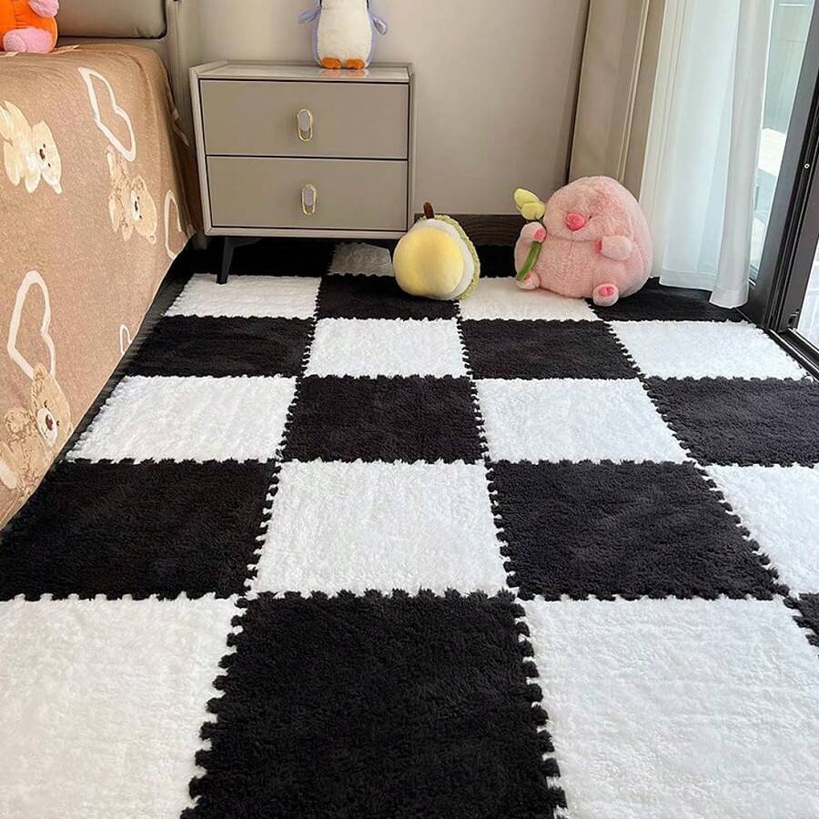 12 alfombrillas cuadradas para moqueta, azulejos entrelazados de felpa, azulejos de espuma EVA antideslizante, construye una zona segura para recámara y sala de juegos (blanco y negro) - Blanco+rosa+púrpura - Ver 1