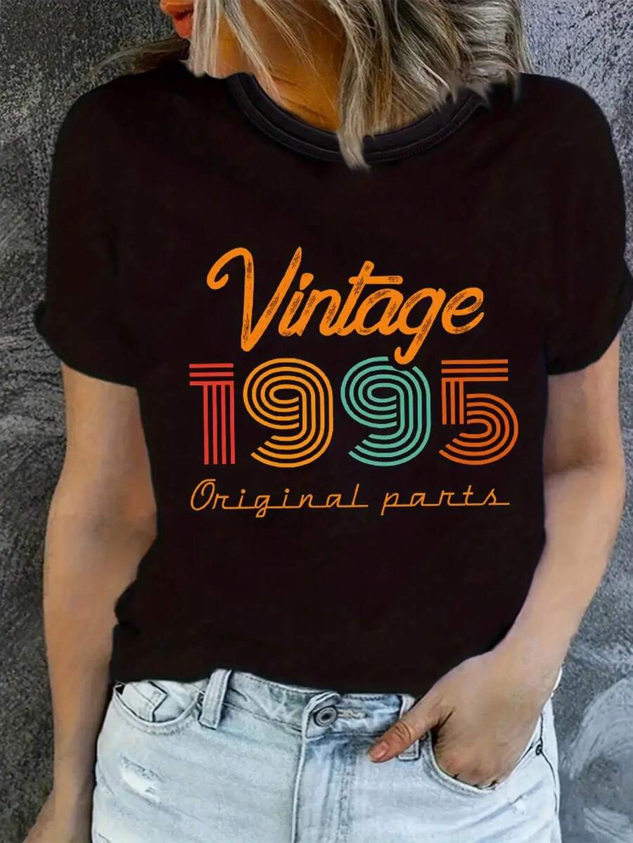 Summer Casual Fashion Women's Vintage 1995 Letter Print Women's T-Shirt - màu đen - Xem 1