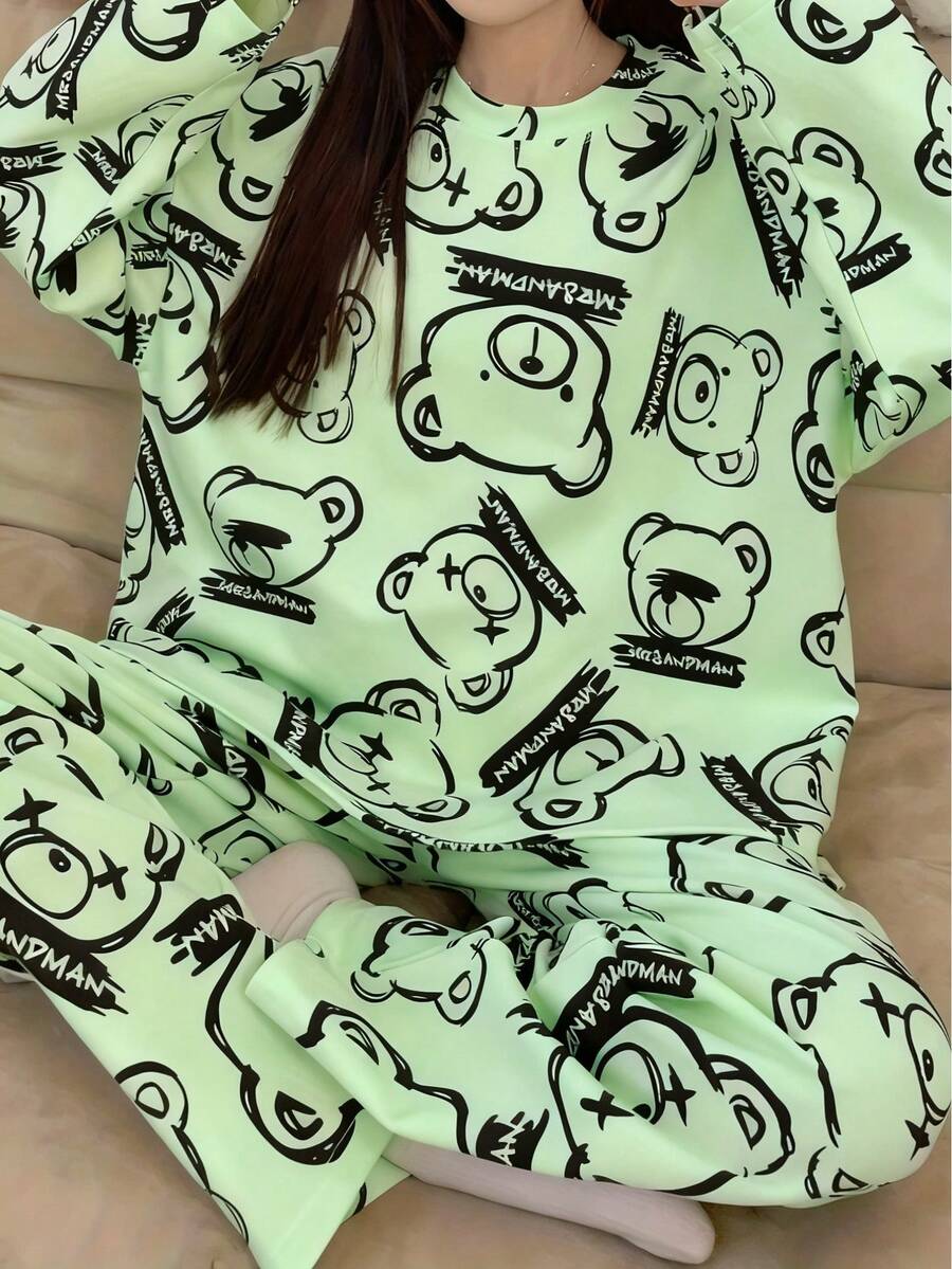 AICJ 两件套女士卡通熊印花休闲睡衣套装，长袖圆领上衣和长裤，舒适宽松版型，适合春、秋、冬家居服穿着。 - 綠色 - 查看 1