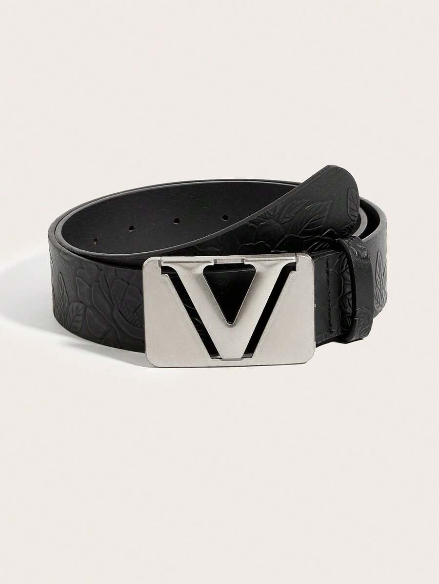 1pc Unisex Floral Print Solid Color Casual Retro Party Palace Style Street Punk PU Leather V-Buckle Peony Pattern Leather Casual Versatile Belt, Suitable For All Seasons