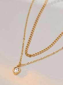 Tkool 2 件套时尚多层心形方晶锆石吊坠项链，情人节送给女朋友的完美礼物 - 金黃色 - 查看 5