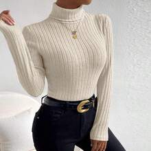 Plus Size Women Turtleneck Solid Color Casual Ribbed Knit Long Sleeve T-Shirt