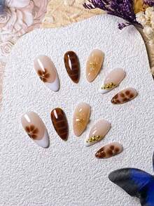 10pcs Handmade Almond-Shaped Burgundy French Tip Gold Asymmetrical Line Decor 3D Starry Nail Art Stickers, Sophisticated & Fashionable Nails Nail Supplies Handmade Press On Nails - Multicolor - View 6