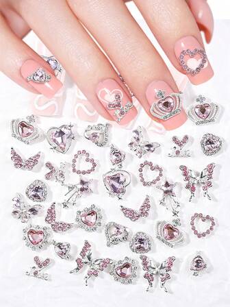 12 Pieces. Pink Nail Accessories, Y2K Style Nail Art Decorations, 3D Heart-Shaped, Star Shaped, Bow Shaped, Rhinestone Alloy Nail Jewelry, Sparkling Nail Gems And Accessories, Nail Charm.