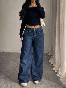 Women's Long Striped Wide Leg Jeans, Casual Style With Buttons, Zipper And Pockets, Non-Stretch, Comfortable And Breathable - Dark Wash - View 2