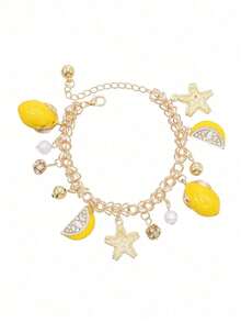 1pc Elegant Women's Jewelry - Starfish, Lemon, Rhinestone & Pearl Fruit Beach Bracelet, Ocean Style Design, Suitable For Vacation Wear - #4 - View 9