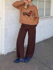 Áo len nữ mùa Thu/Đông đơn giản, dễ thương, cổ tròn, tay dài, chất liệu mềm mại, màu xanh nhạt, cổ tròn, họa tiết chó Dachshund, áo len màu xanh dương trang trí họa tiết chó Dachshund đáng yêu, thiết kế hoạt hình cổ điển tương phản. - Màu Khaki - Xem 2