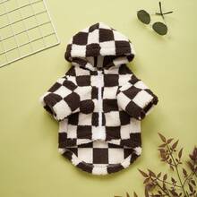 1pc Chocolate Plaid Sherpa Zip-Up Hoodie Pet Jacket Coat, Suitable For Small/Medium Cats & Dogs, Autumn/Winter