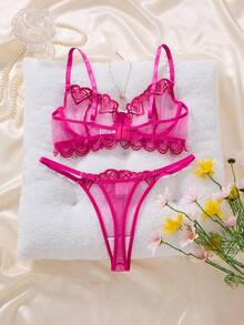 2PCS Women's Rose Red Embroidered Floral Sexy Underwear Set, Rose Red Classic Elegant Daily Bra And Triangle Underwear Lingerie Set, Cute Gift For Valentine's Day And Christmas - Rose Red - View 2