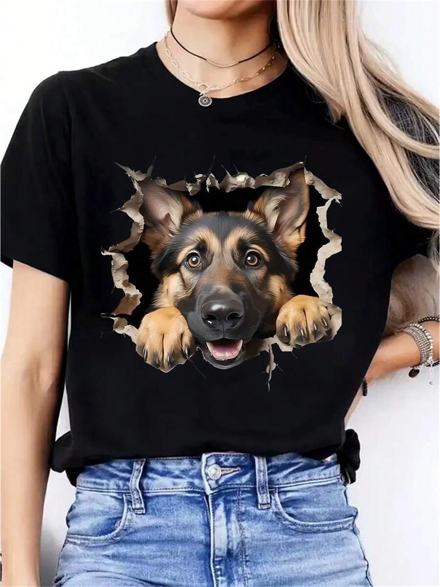 Women's Playful German Shepherd Torn Paper Graphic T-Shirt - Soft Stretch Round Neck Casual Tee, Machine Washable All-Season Comfort Fit For Casual Attire, Cute T Shirts, Relaxed Fit Tee, Nontransparent Fabric - 黑色 - 查看 1