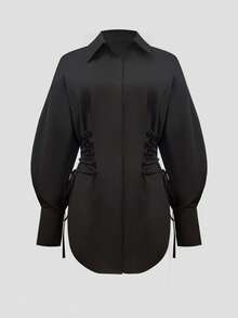 Women's Elegant Fitted Shirt, Fashionable Waist Bandage Design Ladies Shirt, Niche Black Long Sleeve Top With Adjustable Drawstring, Spring/Summer - Black - View 5