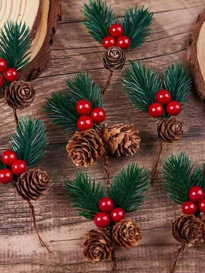 10/20/30pcs Mini Christmas Pine Cone DIY Accessories Gift Box, Artificial Flower Christmas Decor Tabletop Ornament, Home Decoration