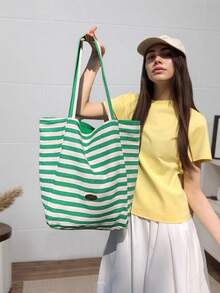 Women's Reversible Canvas Tote Bag With Stripes - Large Capacity Shoulder Bag For Commuter, Shopping And Travel - 綠色 - 查看 4