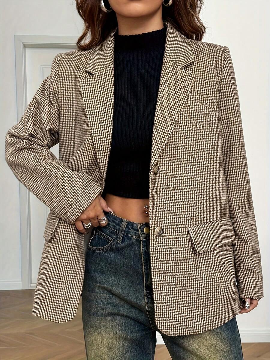 大码女式优雅西装外套 - 休闲办公装 - 棕色 - 查看 1